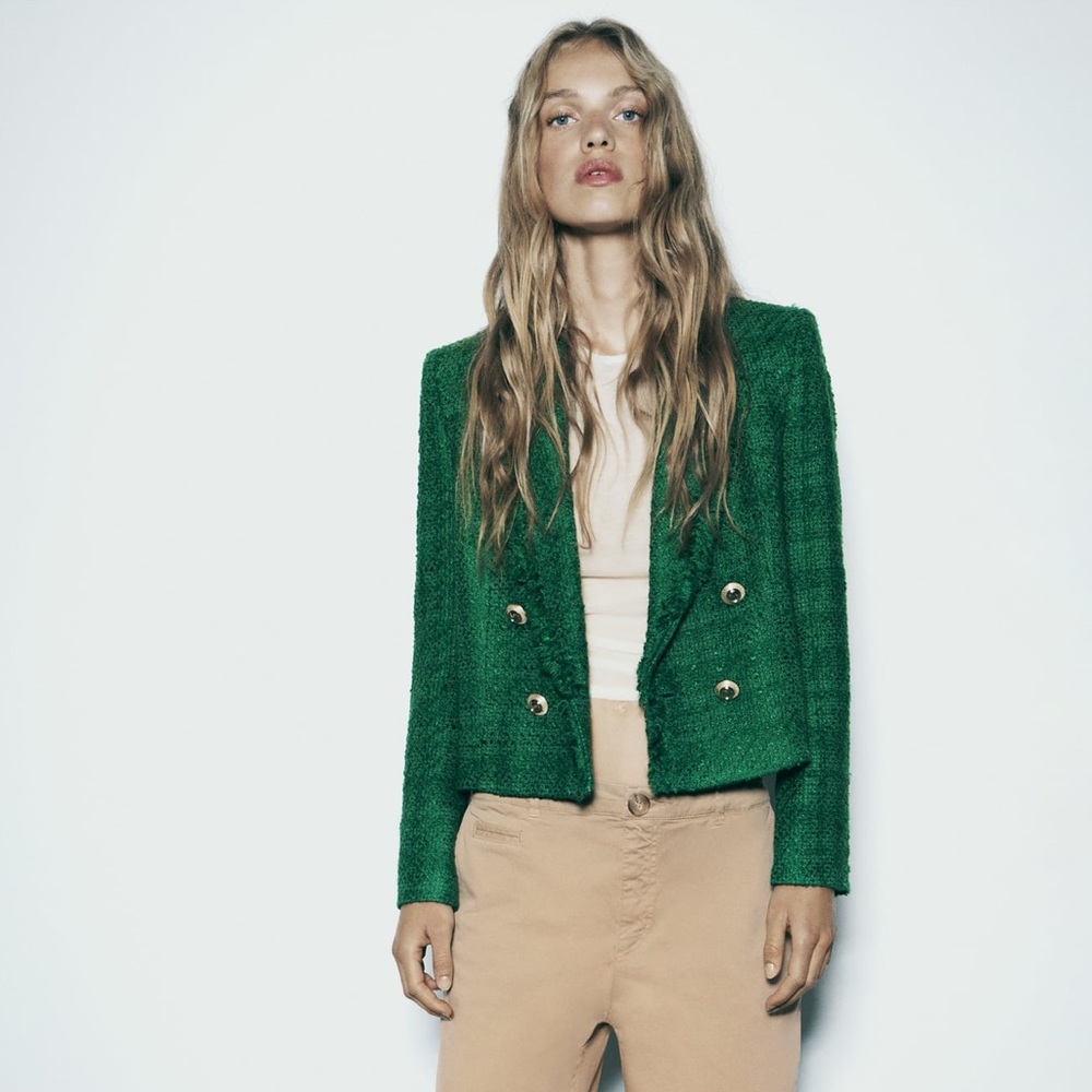 Zara Double Breasted Frayed Blazer